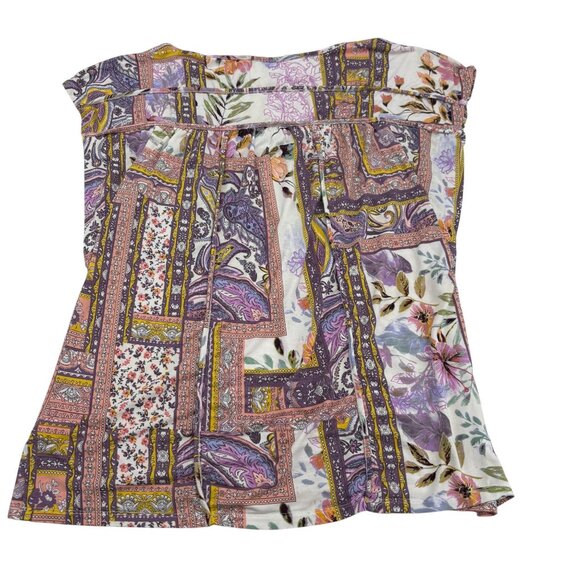 Cupio Women's size Medium Floral Patchwork Print Cap Sleeve Top Blouse Stretch - Picture 5 of 5